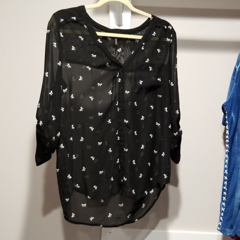 Maurice black sheer blouse with white bows